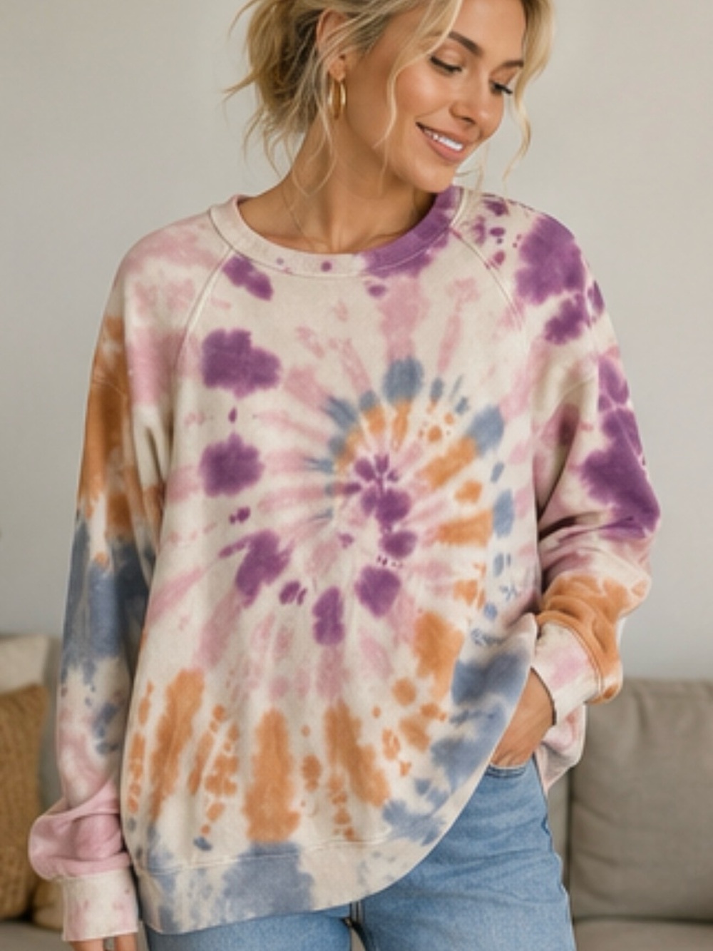 American Eagle Tye-Dye Crewneck Sweatshirt in Purple, Orange & Blue